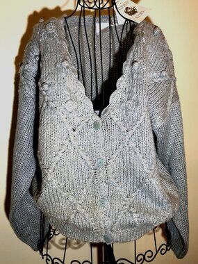 Needles Textured Knit Cardigan Sage Green 3D Knit Button Front Cozy Sweater M